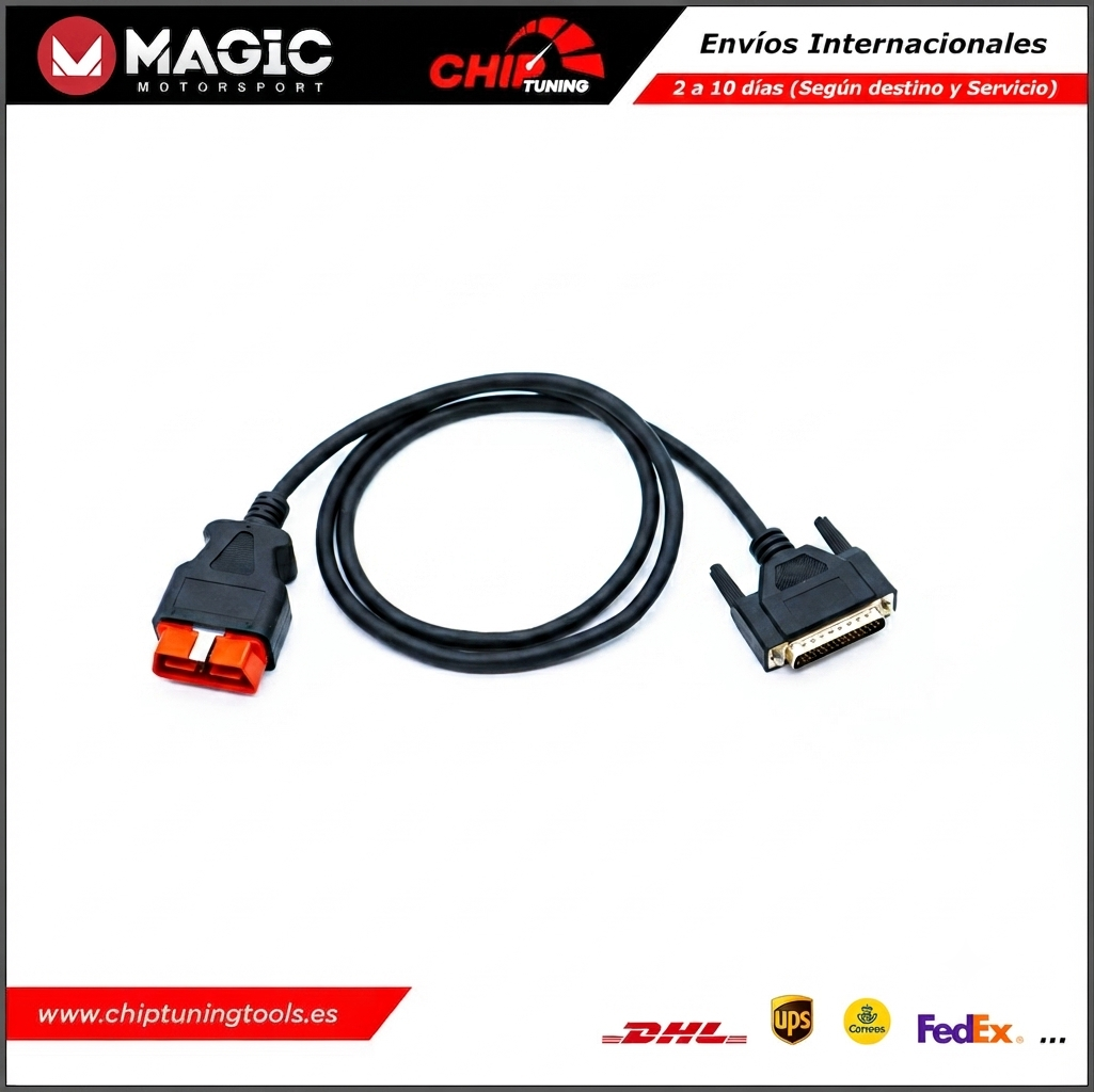 Cable FLX2.65 conectado al puerto de diagnóstico de un vehículo pesado Mercedes.