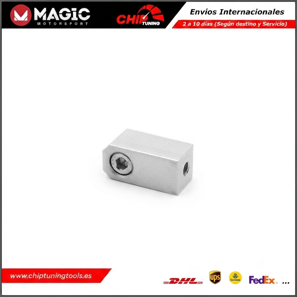 Detalle técnico del adaptador de aluminio FLX4.10A para soporte de programación automotriz.
