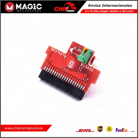 Detalle de la iluminación LED y microchip integrados en el adaptador de programación Toyota FLX4.10G.