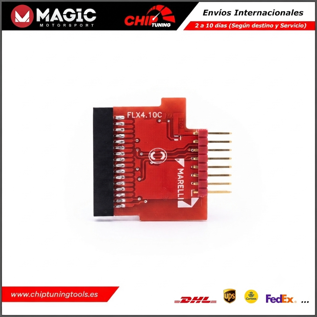Adaptador posicionado sobre una centralita Marelli MJD en la mesa de programación MAGBench.