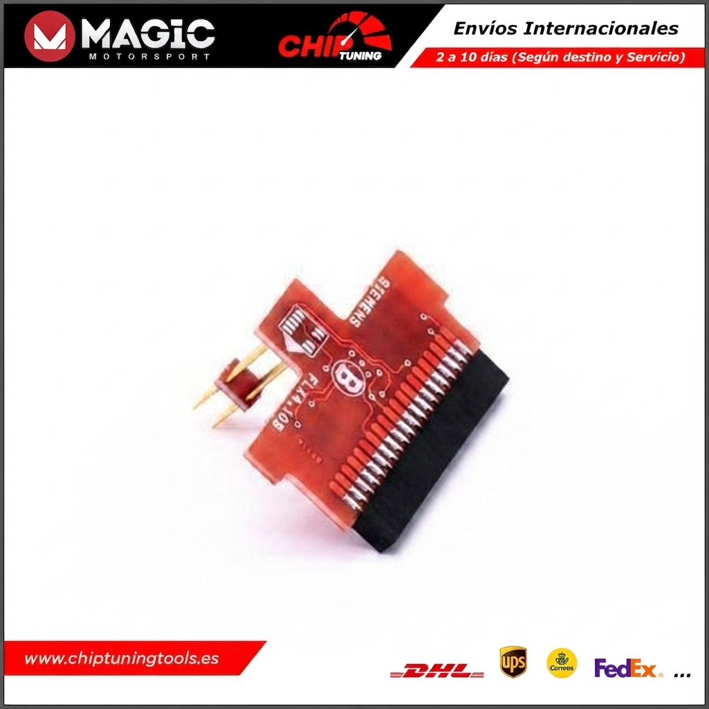Adaptador posicionado sobre la placa de una ECU Siemens en el banco de trabajo MAGBench.