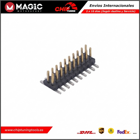 Detalle técnico de la tira de pines STRIP 2X10 con paso de 1.27 mm para soldadura en ECU.