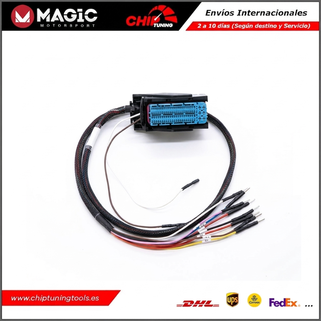 Detalle técnico de los conectores dedicados del kit FLK11C para centralitas automotrices de gasolina ME17 y MED17.
