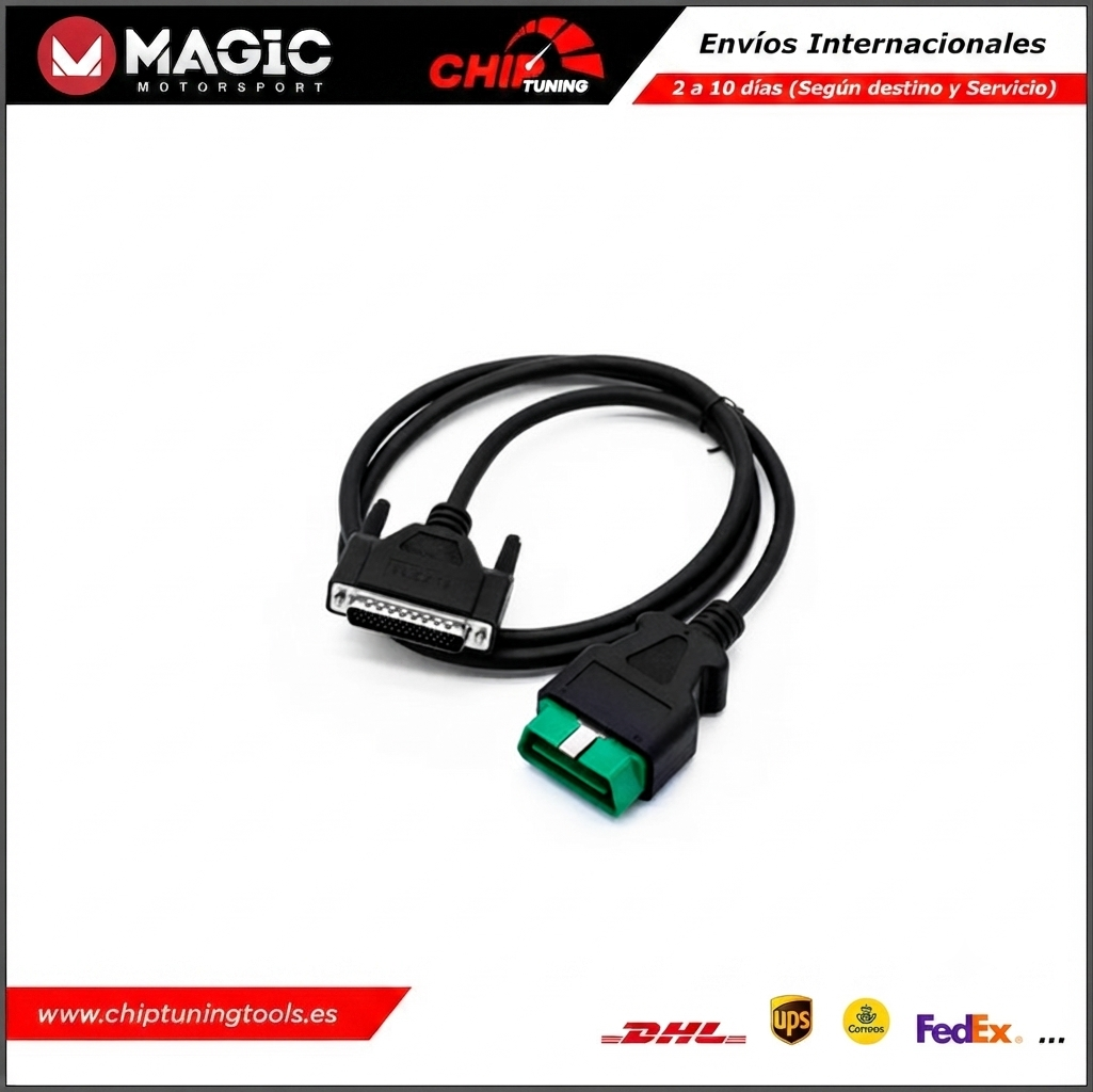 Detalle del conector ENet verde para diagnóstico automotriz.