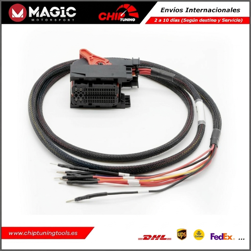 Juego de cables de conexión FLK11D listos para la transferencia segura de datos con el programador FLEX en modo bench.