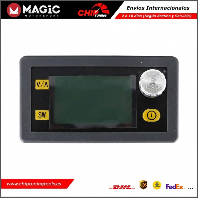 Convertidor DC/DC FLX4.92 de Magic Motorsport y fuente de alimentación estabilizada regulable.