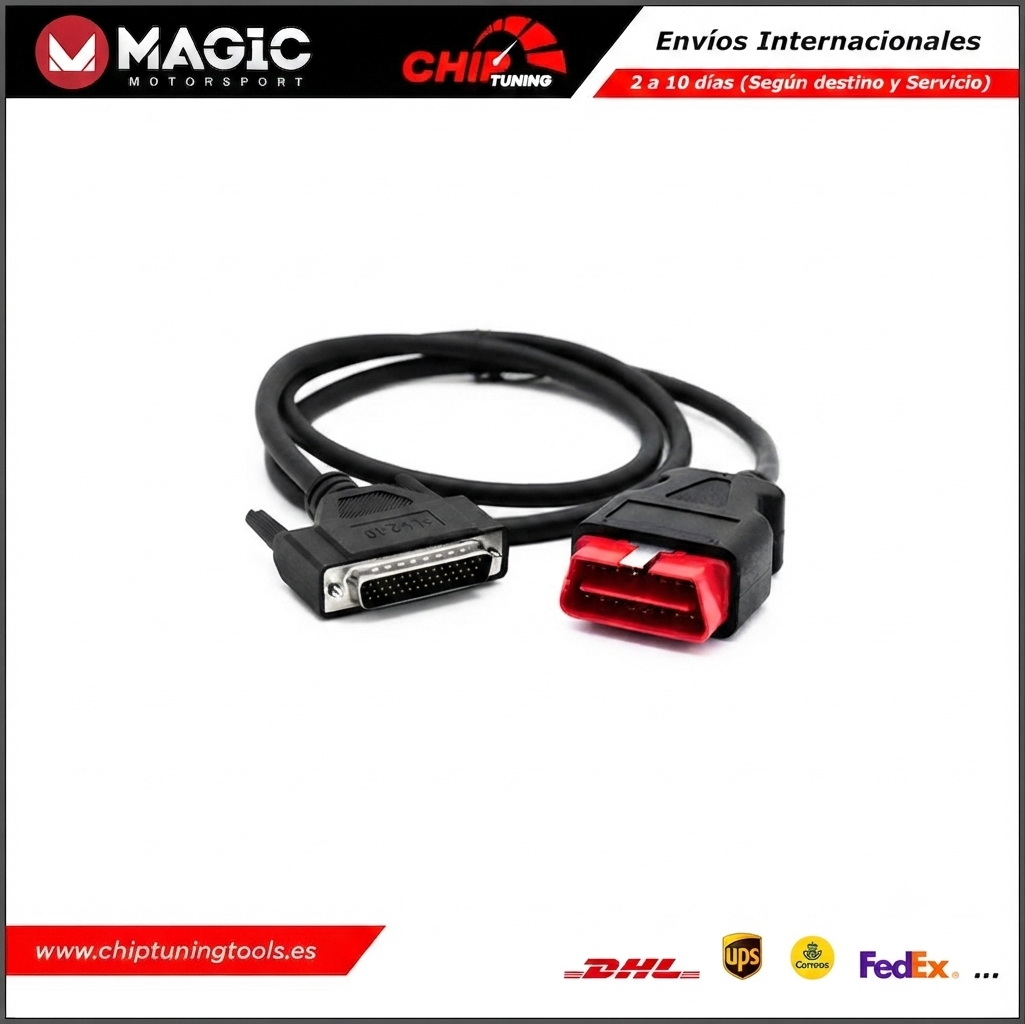 Primer plano del conector OBD del cable FLX2.10 para programación de vehículos.