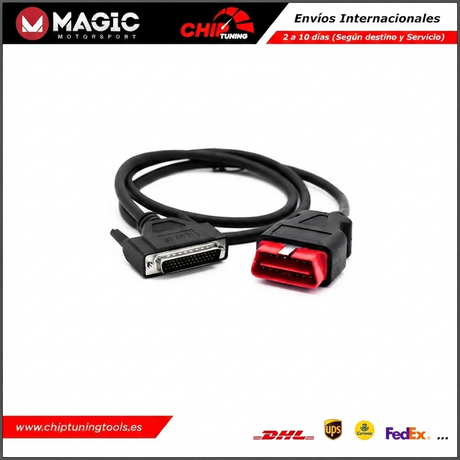 Primer plano del conector OBD del cable FLX2.10 para programación de vehículos.