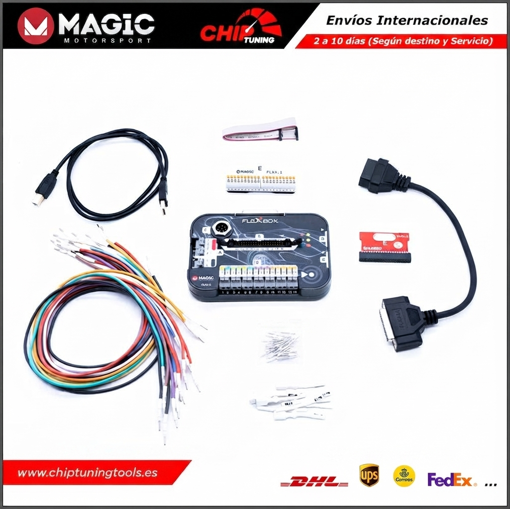 Kit FlexBox FLX01.002 de Magic Motorsport completo con interfaz, cables y adaptadores.
