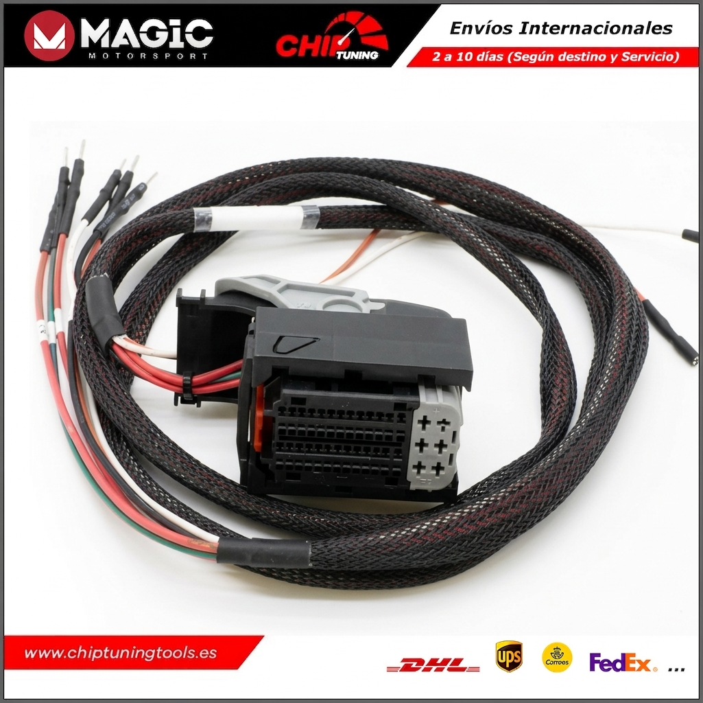 Detalle técnico de los conectores específicos del kit FLK11E para centralitas automotrices de gasolina y diésel.