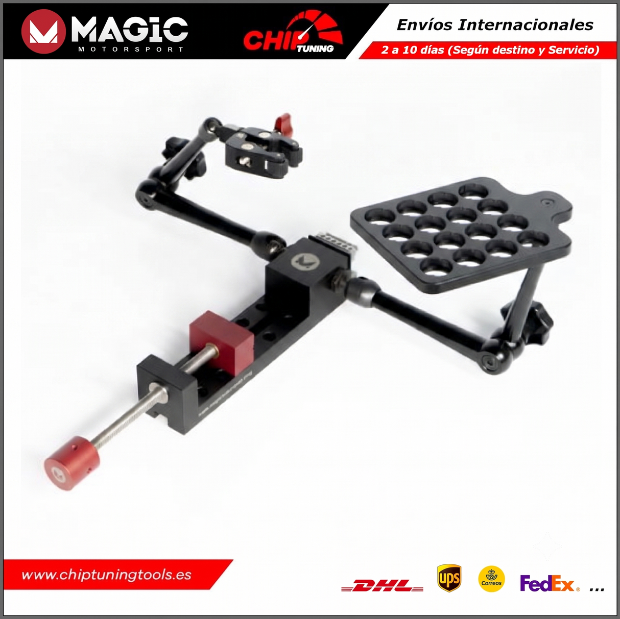 Detalle técnico del cabezal de la MAGBench Mini configurada para modo de programación y sondas de prueba.